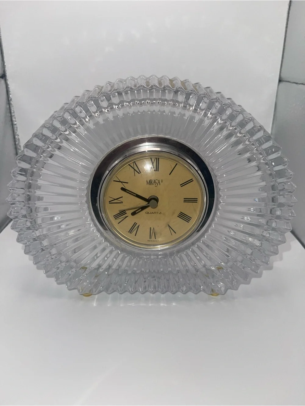 VTG 90's MIKASA Diamond Fire Quartz Clock Crystal Heavy Oval Art Deco Works Good